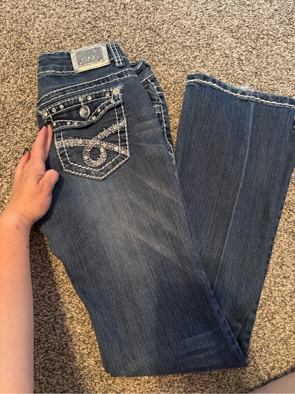 Miss Chic Jeans Dark Blue Bootcut Jeans with Rhinestone Pocket